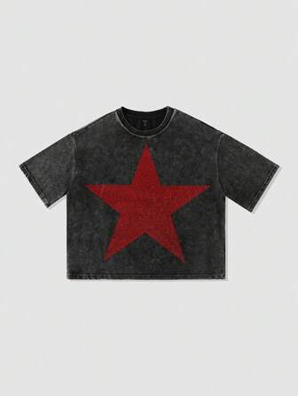 Grunge Punk Herren Oversized Strass gewaschenes Loose Fit Crop T-Shirt