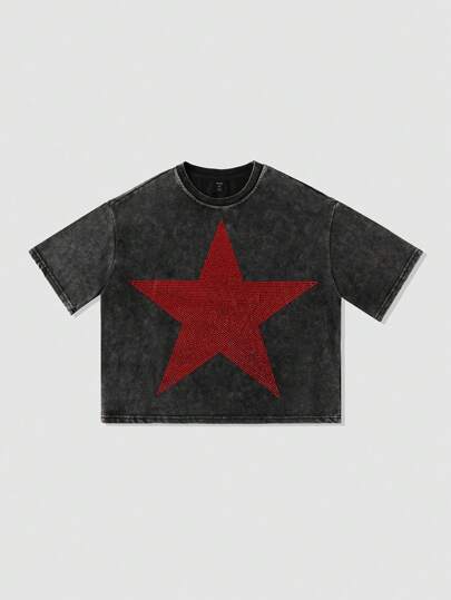 Grunge Punk قميص تي شيرت مقصر بفضفاض مغسول بنقوش كريستال للرجال