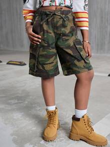 Pantaloni scurți lungi din denim, stil Y2k, grunge punk, camo, cu imprimeu de ramură de copac, talie elastică, îmbrăcăminte de lucru, potrivită pentru călătorii zilnice, activități în aer liber, acasă, brunch, petrecere cu ceai, naveta, ținute la aeroport, ținute de toamnă pentru fete, haine pentru copii care se întorc la școală, ținute streetwear coolane - Verde Armată - Vizualizare 3