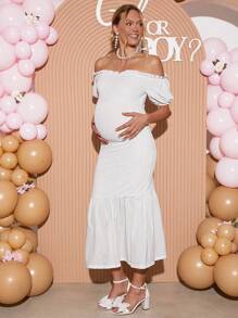 Loomaby Elegant Maternity Off-Shoulder Solid Color Mermaid Hem Dress, Summer,Gender Reveal Dress,Maternity Dress,Baby Shower Dress - White - View 6