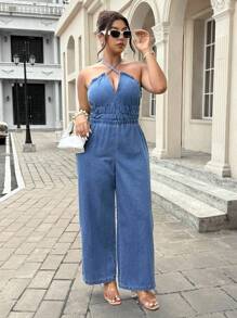 SHEIN ICON 大码女式无弹力休闲夏季牛仔连体裤 - 藍色 - 查看 6