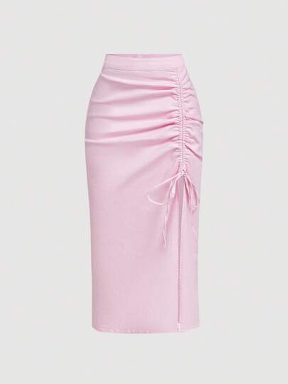 SHEIN MOD 女式纯色抽绳褶饰休闲牛仔迷你裙