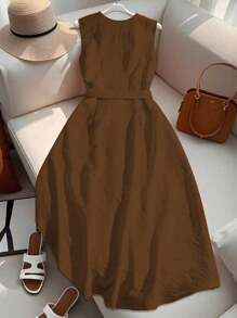 Franclia 女士法式高端无袖单排扣休闲连衣裙 夏季连衣裙 美拉德风格 夏季棕色大学服装 - 棕色 - 查看 2
