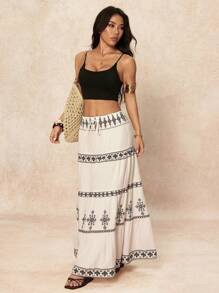 SHEIN PETITE Chân váy Maxi Boho dành cho nữ: Vải dệt, nhiều lớp và họa tiết nhiều màu - Phong cách sang trọng, bồng bềnh cho mùa hè - trắng - Xem 3