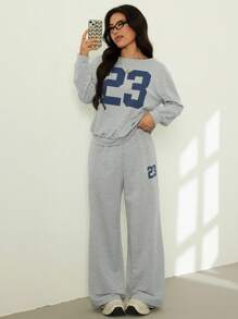 SHEIN PETITE 2件套女士休闲数字印花长袖上衣和长裤套装