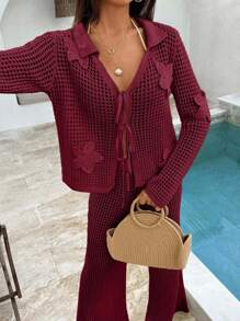 EURMUSE 女士夏季钩针海滩度假春季度假装波西米亚风纯棉白色派对太阳裙套装女式两件套沙滩装 - 酒紅色 - 查看 8