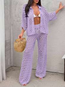 EURMUSE Women Hollow Out Cut Out Button Front Knit Shirt Top And Sweater Pant 2pcs Set Co-Ords Cover Up Beach Set - Lilac Purple - View 6