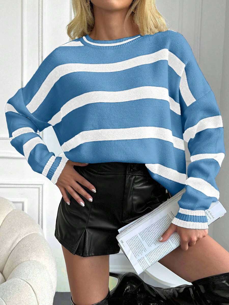 EURMUSE Women's Striped Loose Drop Shoulder Long Sleeve Casual Pullover Sweater,Jumper,Cream Jumper,Jumpers,Black Jumper,Women's Jumper,White Jumper,Women's Jumper,Women's Jumpers,Winter Clothes - Baby Blue - View 1