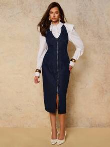 COSMINA 女式休闲露背挂脖牛仔连衣裙，复古风，秋季女装 - 藏蓝色 - 查看 4