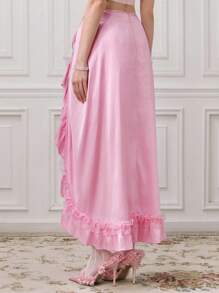 ROMWE EDITION 女士优雅纯色荷叶边抽绳裙 - 粉色 - 查看 5