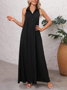 SHEIN Summer Sexy Solid Front Button Backless Dress - Black - View 4