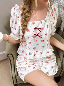 CottageSlumber 2pcs/Set Women Ditsy Floral Romantic Pajama Set - Multicolor - View 2