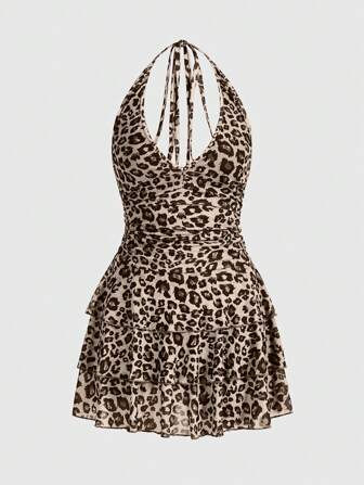 J-Fashion Extrakurzes sexy aprikotfarbenes Leoparden-Trägerkleid