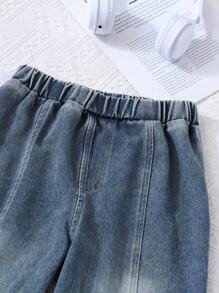 SHEIN Genkimix Kids 2 Stücke/Set Tween-Mädchen Outfit mit Schleife, 3D dekoratives Kurzarm T-Shirt und lange Jeans Hose, Lässig-Look - Schwarz - Übersicht 6