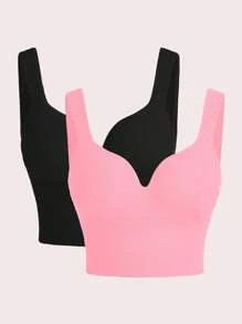 SHEIN Sports 2 件装纯色运动文胸露脐上衣，内置文胸，V 领运动文胸塑形上衣，聚拢上衣，内置文胸