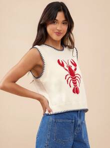 WESTFADE Round Neck Multi Stitch Lobster Intarsia Sweater Vest Fall Autumn Winter - Beige - View 4
