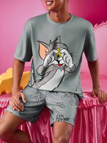 TOM & JERRY X SHEIN Men's Casual Loose Knit Tom Print Gray T-Shirt And Shorts 2Pcs Loungewear Set, Couples Style