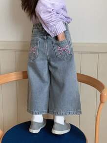 Hapijoa 女宝宝水洗蝴蝶刺绣韩版宽松直筒牛仔裤，幼儿秋装 - 藍色 - 查看 1