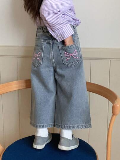 Hapijoa 女宝宝水洗蝴蝶刺绣韩版宽松直筒牛仔裤，幼儿秋装