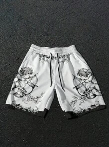 Manfinity EMRG 返校服 男童 男士 男士抽绳腰带天使印花口袋休闲短裤 男士图案短裤 男士动漫短裤 街头潮流 男士短裤 丘比特短裤 天使短裤 - 彩色 - 查看 1