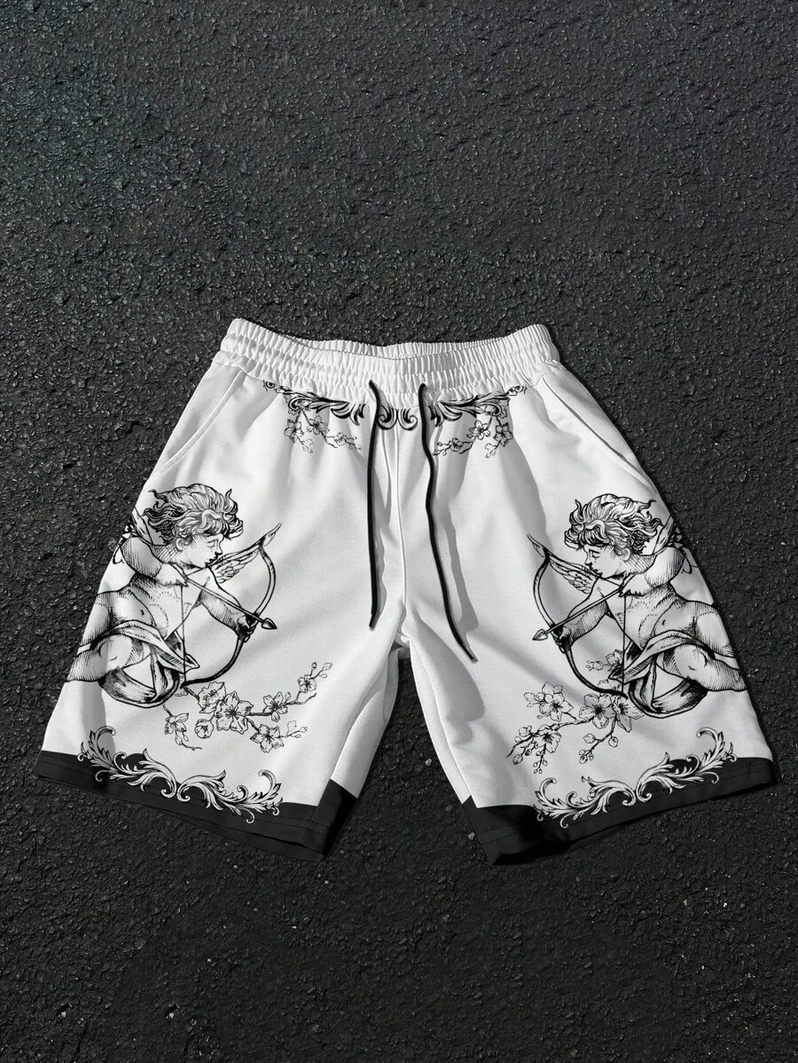 Manfinity EMRG 返校服 男童 男士 男士抽绳腰带天使印花口袋休闲短裤 男士图案短裤 男士动漫短裤 街头潮流 男士短裤 丘比特短裤 天使短裤 - 彩色 - 查看 1