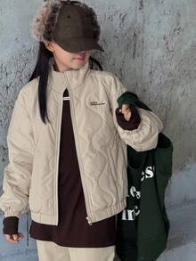 DAZY 青少年女孩格子绗缝韩版休闲街头长袖宽松棉服外套，冬季 - 米色 - 查看 6