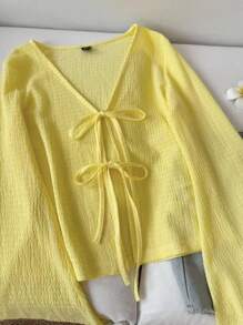 SHEIN LUNE 休闲女士纯色宽松前系带喇叭袖上衣度假女士返校教师度假女士学校外出上衣返校机场女士复古风格女士度假上衣长袖上衣女士奶油黄色度假装女士秋季系带前上衣黄色上衣黄色衬衫可爱黄色上衣黄色系带前上衣黄色 V 领上衣黄色衬衫黄色长袖上衣 - 黃色 - 查看 5