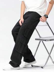 Teen Boy Casual Black Straight Leg Cargo Jeans Thanksgiving , School, Campus, College Chic For Autumn/Winter Fall - Black - View 4