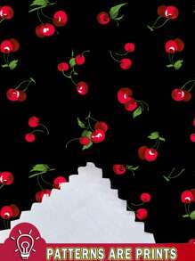 SHEIN MOD 休闲简约褶饰腰部摆下摆吊带连衣裙，喇叭下摆，樱桃印花，适合夏季 - 彩色 - 查看 5