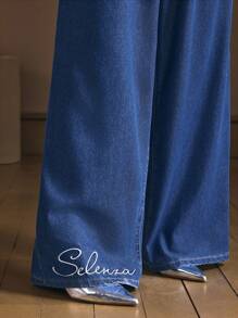 SHEIN BAE Quần Jeans Ống Rộng Thêu Chữ Thường Ngày Cho Nữ - Màu xanh lam - Xem 5