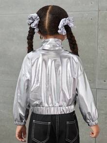 SHEIN 年轻女孩日常休闲梭织纯色长袖短外套，全息图案，日常穿着Y2K金属质感外套，Y2K银色外套，适合万圣节、秋冬季穿着 - 銀色 - 查看 9