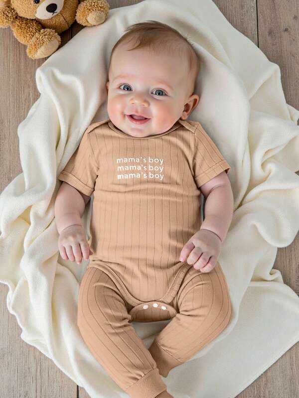 男婴休闲字母印花连体衣+松紧腰裤套装（2件套），适合宝宝日常休闲穿着，男童服装，3岁男婴秋季服装，婴幼儿男童服装，男婴秋季服装