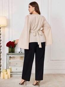 Modelyn Damen Stehkragen Langarm Bindebündchen Satin Top und gerade geschnittene Hose, eleganter Zweiteiler, Große Größen, Business Casual - Verschiedenfarbig - Übersicht 2