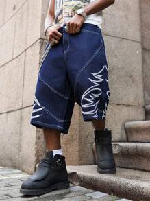 Manfinity Streetrush Summer Street Niche Embroidery Men's Denim Shorts Graphic Baggy Jeans Jnco Jeans Men Hang Out Street Tropical