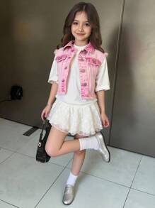 Conjunto de chaqueta vaquera y chaleco para niñas (talla pequeña), chaqueta vaquera rosa corta y estilosa estilo desgastado y deshilachado, chaleco sin mangas con look casual y chic para vacaciones