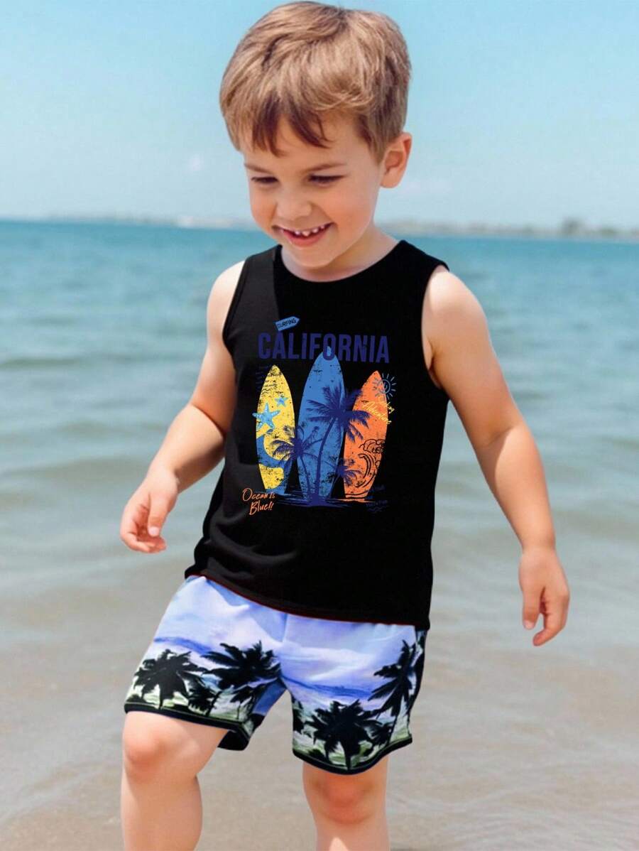 SHEIN Young Boy Casual Vacation Style, Colorful Surfboard Print, Classic California City Name Print, Star, Palm Tree Silhouette Print Tank Top, Suitable For Summer Beach Swim Surfing