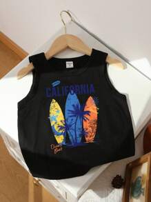 SHEIN Young Boy Casual Vacation Style, Colorful Surfboard Print, Classic California City Name Print, Star, Palm Tree Silhouette Print Tank Top, Suitable For Summer Beach Swim Surfing