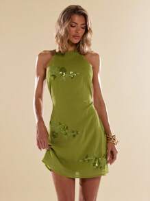 SHEIN BAE Đầm mini hở lưng thêu sequin thanh lịch cho nữ, mùa hè - màu xanh lá - Xem 1