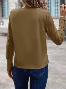 SHEIN PETITE CURVE Plus Size Casual Solid Color Jacquard Patchwork Long Sleeve Top, Autumn - Khaki - View 2