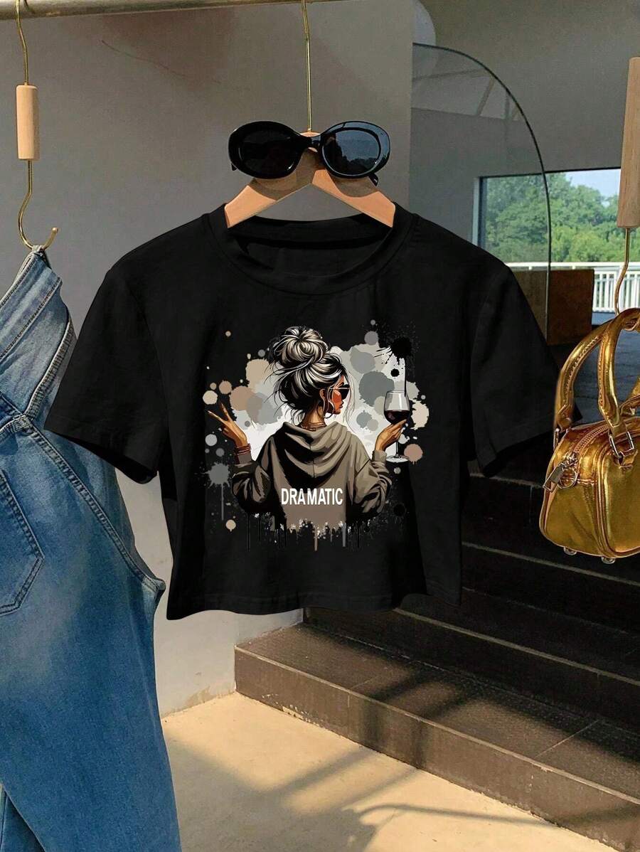 Women's Character Print Short Sleeve Casual Standard Size Crop Top T-Shirt, Summer - Black - View 1
