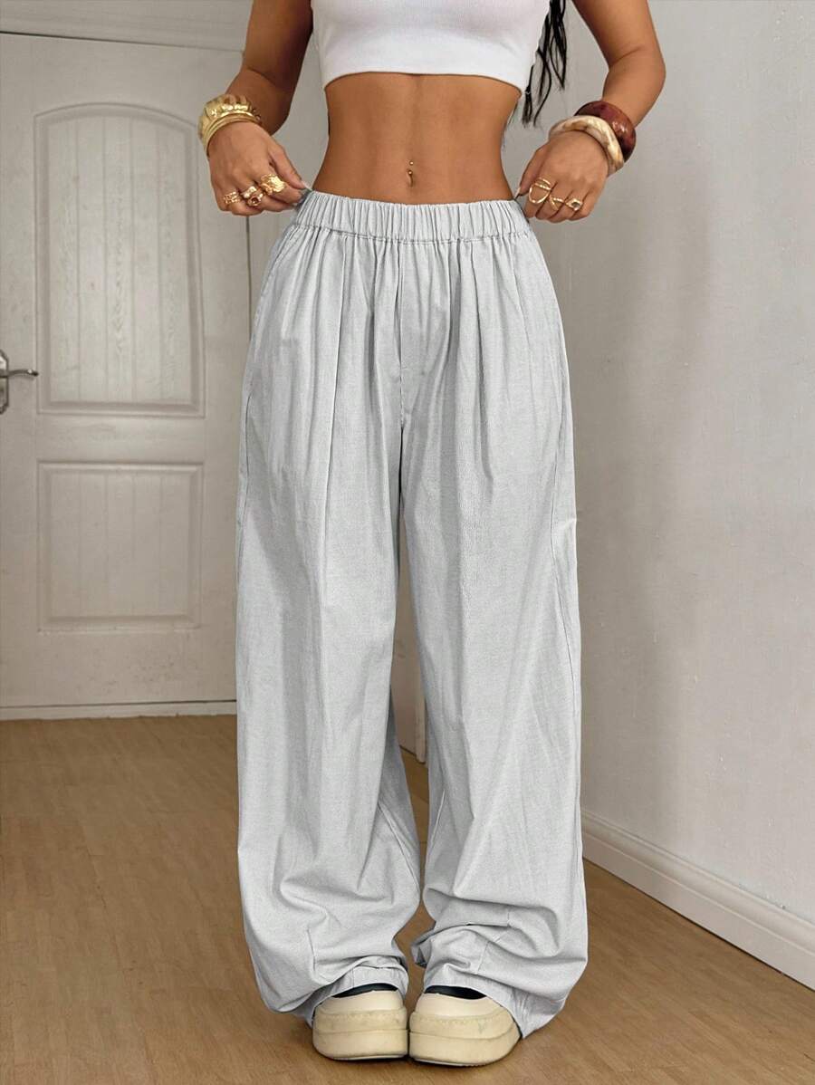 SHEIN EZwear 女士休闲纯色阔腿裤 - 白色 - 查看 1