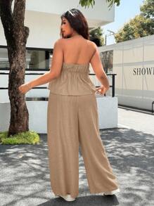 SHEIN EZwear 2件套大码女式休闲结饰吊带背心和长裤套装 - 卡其色 - 查看 2