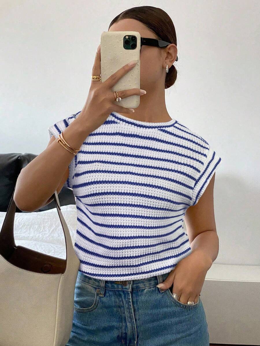 Siren Gaze Women's Casual Stripe Pattern Batwing Sleeve Loose T-Shirt, Summer - Blue and White - View 1