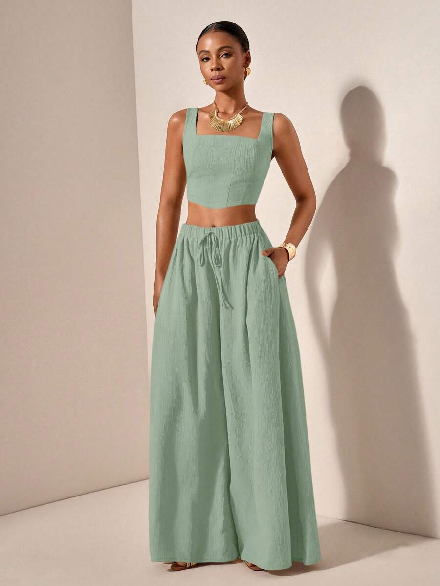 Zivah 新款春夏度假休闲鱼骨背带上衣和阔腿裤带口袋两件套-B，纹理面料 - 薄荷綠 - 查看 1