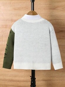 童装小男孩绿色卡通动物图案圆领保暖针织可爱毛衣派对生日穿男孩毛衣男孩针织衫秋冬秋季儿童针织衫 - 白色 - 查看 2