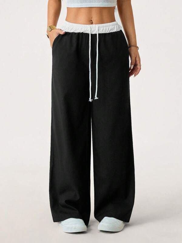 SHEIN PETITE Pantalones casuales y versátiles para mujer con cordón en la cintura y contraste de color