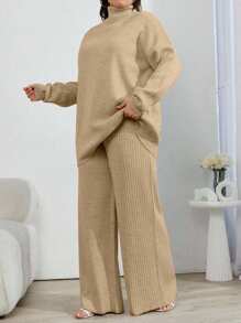 EURMUSE 2pcs High Neck Drop Shoulder Sweater And Ribbed Solid Color Sweater Pants - Camel - View 3