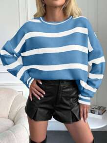 EURMUSE Women's Striped Loose Drop Shoulder Long Sleeve Casual Pullover Sweater,Jumper,Cream Jumper,Jumpers,Black Jumper,Women's Jumper,White Jumper,Women's Jumper,Women's Jumpers,Winter Clothes - Baby Blue - View 3
