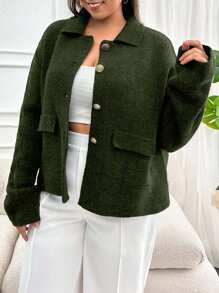 EURMUSE 大码纯色针织开衫，秋冬休闲 - 軍綠色 - 查看 6