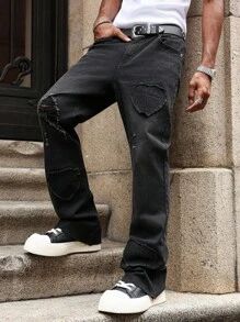 PAVTROS Quần Jeans Ống Loe Street Cho Nam, Quần Dài Rộng Thẳng Đơn Giản Phong Cách Mỹ Cổ Điển - màu đen - Xem 1